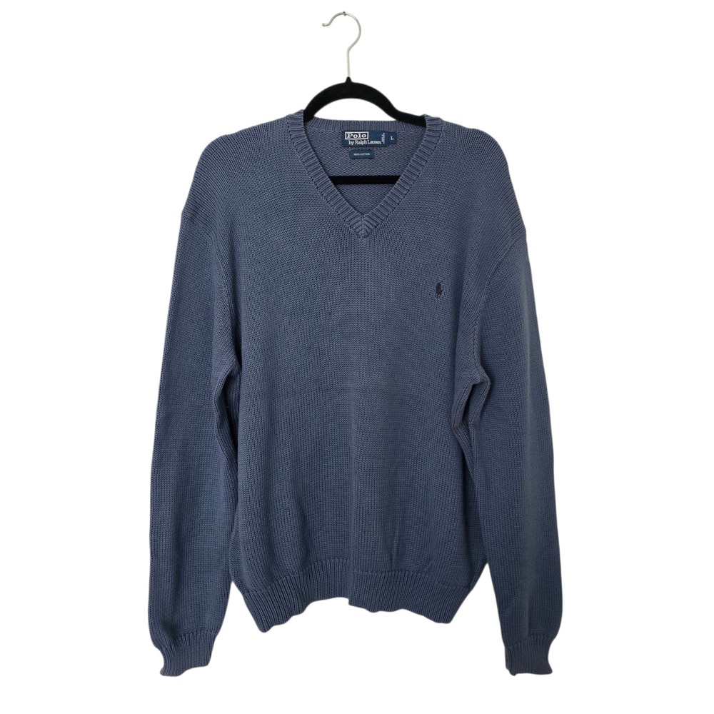 Polo Ralph Lauren Sweater Mens Large Blue V-Neck Cotton Knit Pony‎ Logo